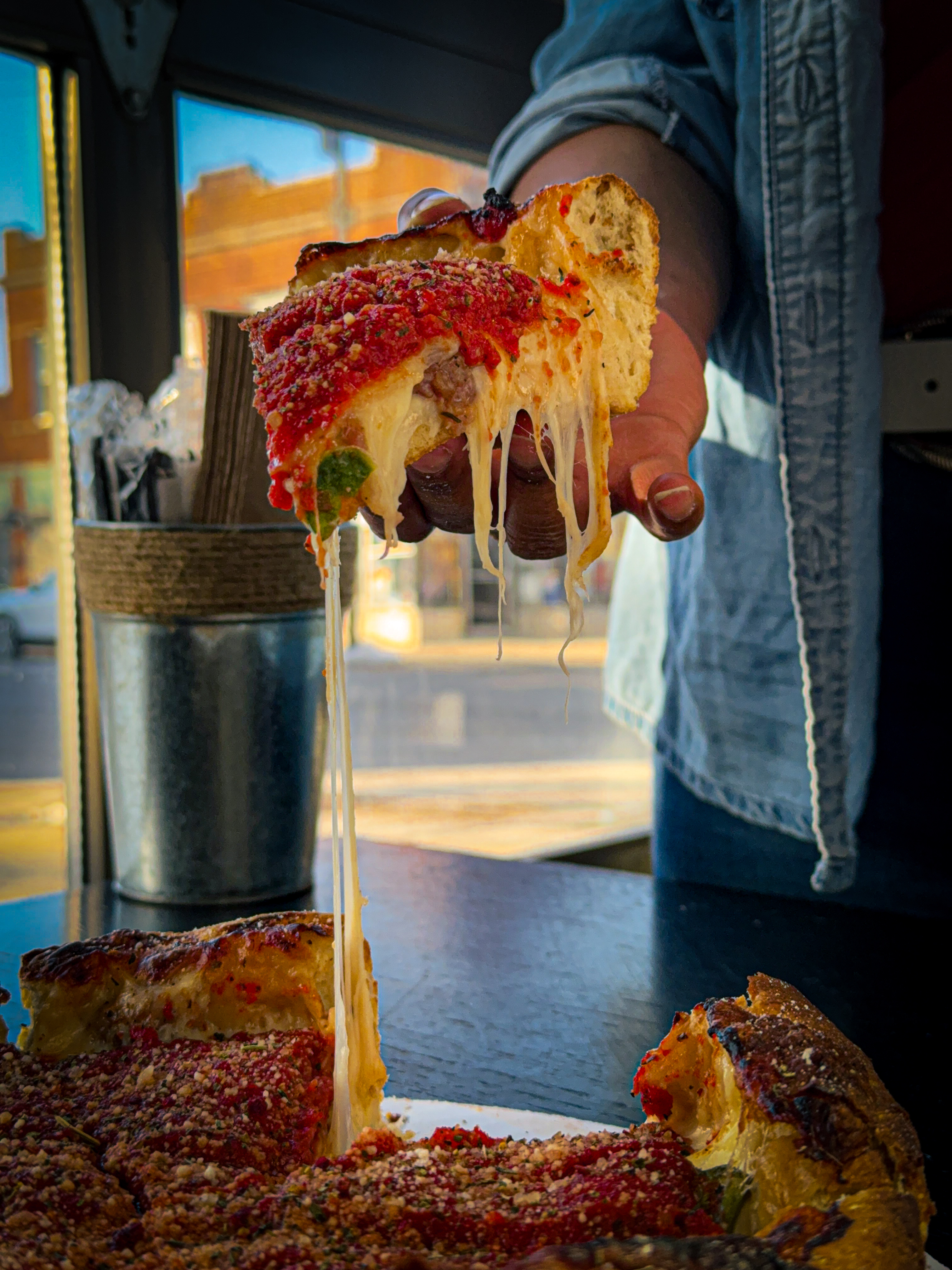 Deep Dish Pizza Cheese Pull — Quality Ingredients